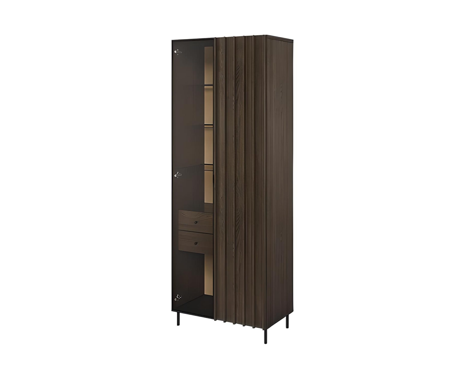 Vitrine CARENNE en bois foncé, avec ses deux portes et deux tiroirs, offre un design minimaliste et moderne