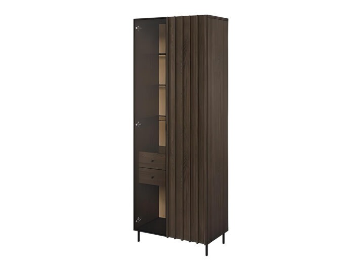 Vitrine CARENNE en bois foncé, avec ses deux portes et deux tiroirs, offre un design minimaliste et moderne