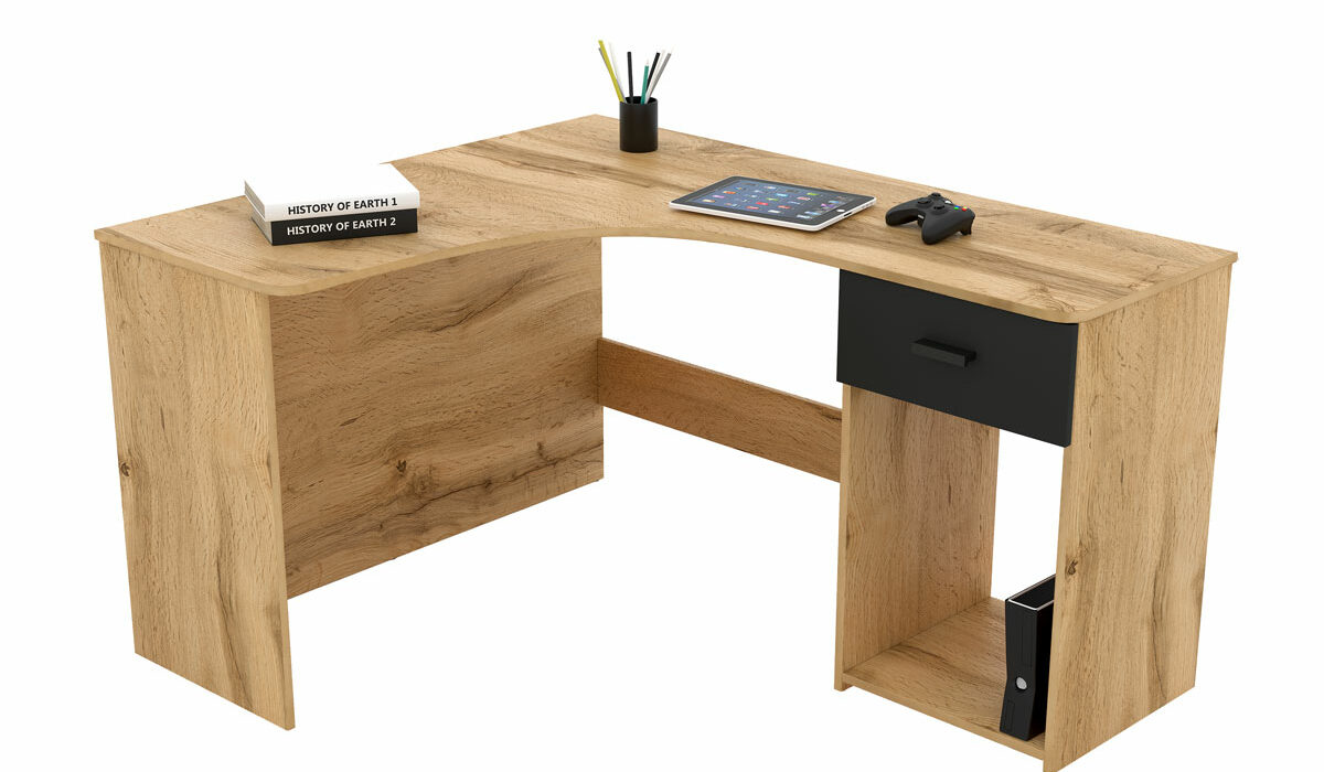 KAMAZZA - Bureau d’angle rangement novateur chêne ROBI