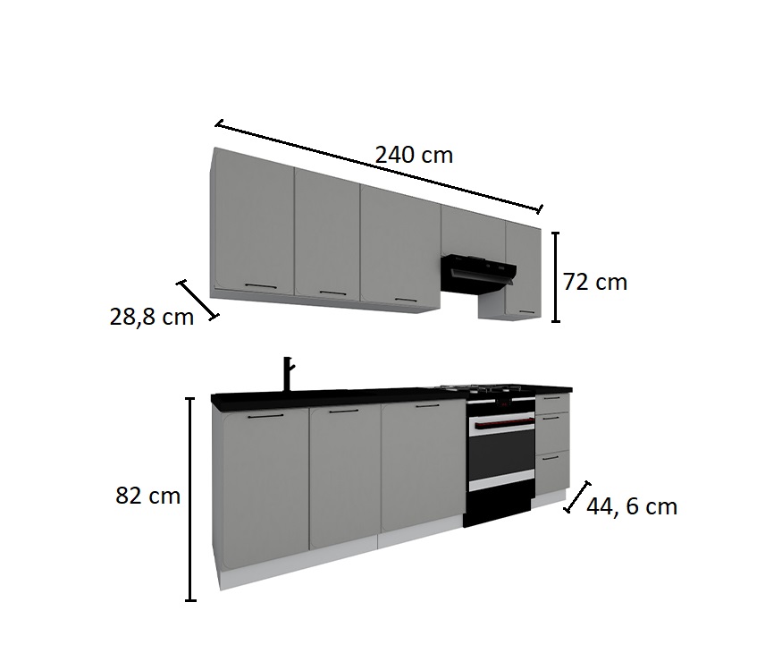 Dimensions Cuisine complète option four et lave-vaisselle encastrable gris 240 cm ELMA design