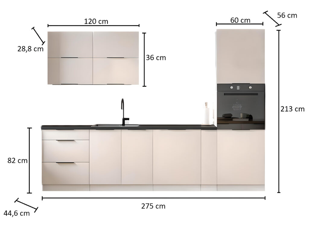 Dimensions cuisine complète option four encastrable KARENNE 275 cm beige