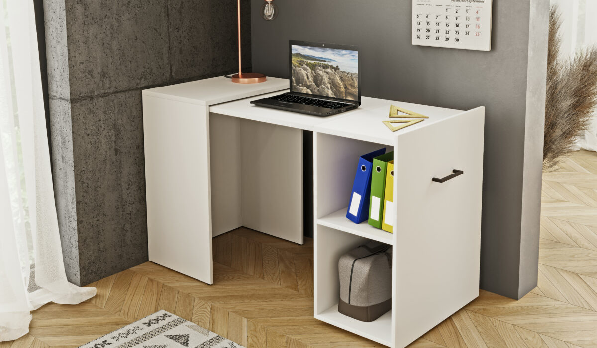 KAMAZZA - Bureau pliable et escamotable design avec tiroirs blanc SWIFT