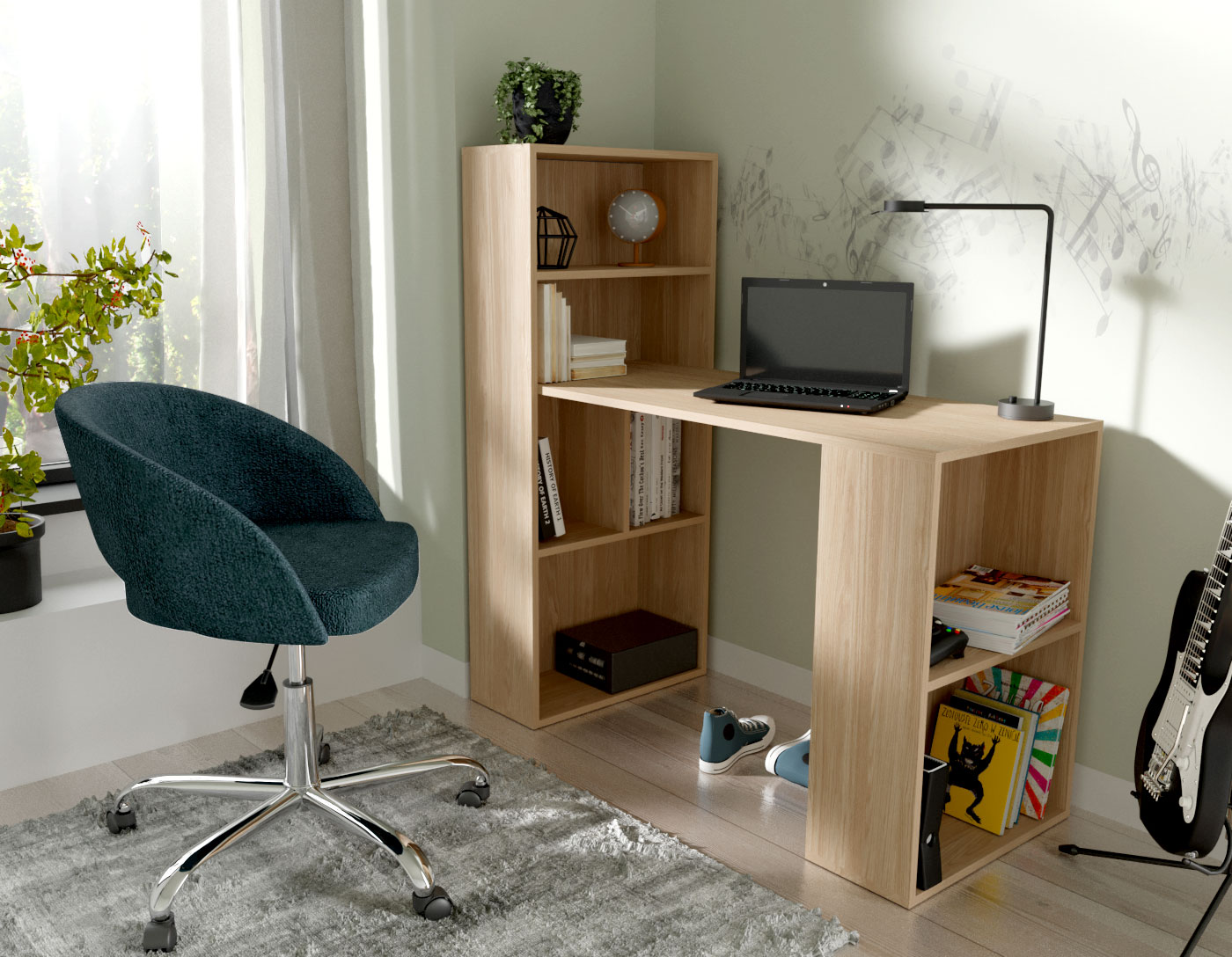 KAMAZZA - Bureau pliable avec rangementmoderne avec tiroirs chêne doré ZELMA