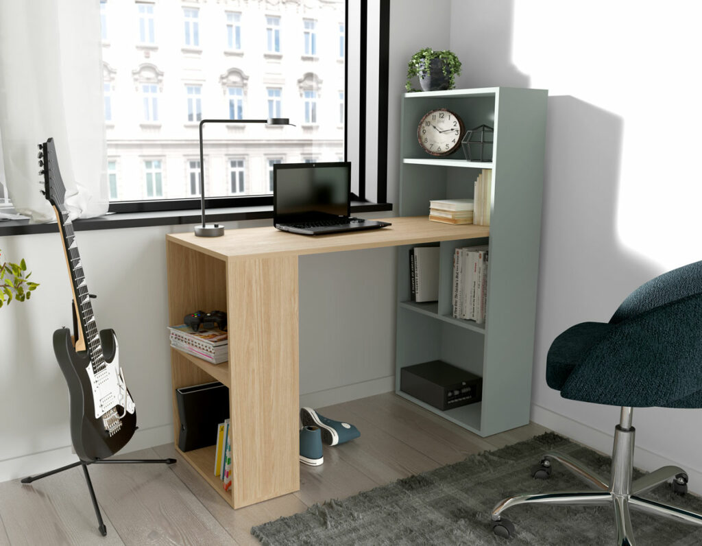 KAMAZZA - Bureau avec rangement design chêne doré et vert sauge ZELMA