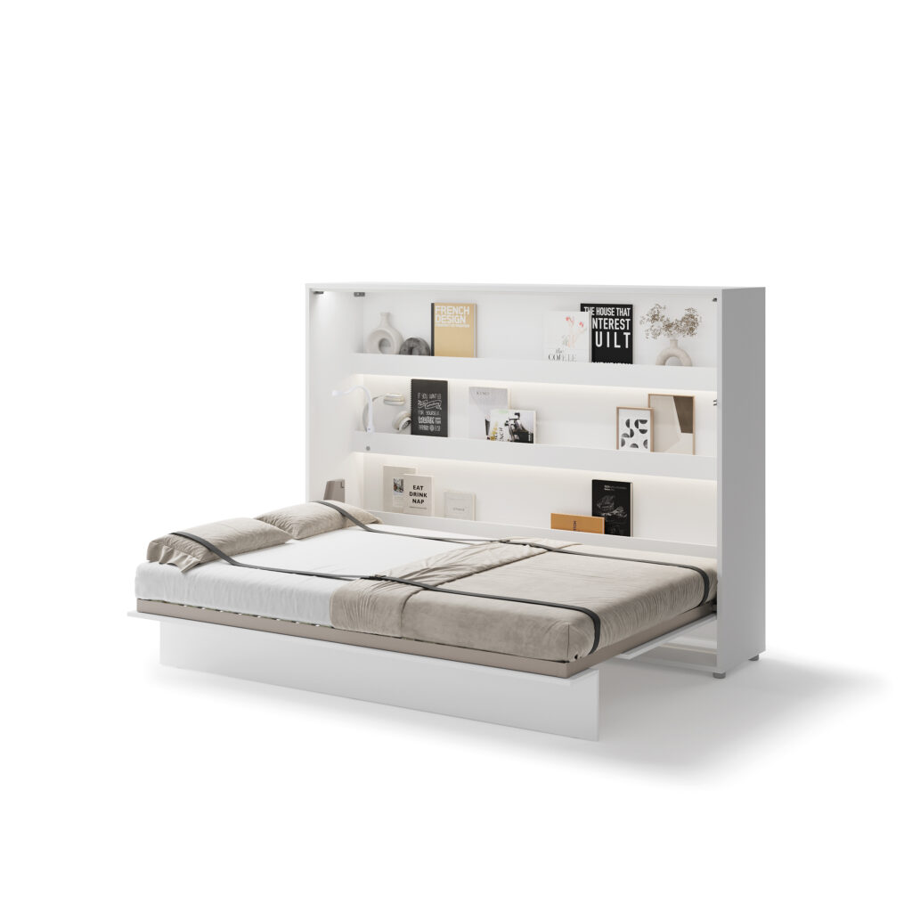 KAMAZZA Lit escamotable horizontal avec LED mécanisme d’ouverture pneumatique – SMART blanc mat140x200 3