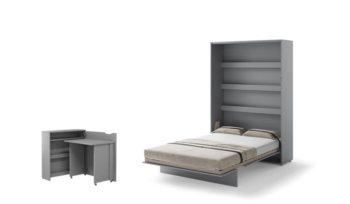 Lit escamotable 140x200 vertical 2 personnes SMART avec bureau EASY ouverture à droite - ouvert - gris