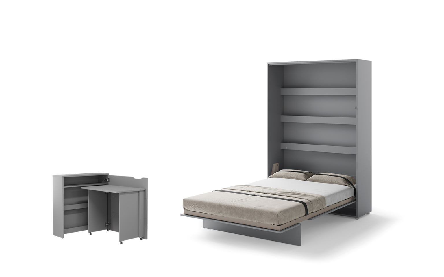 Lit escamotable 140x200 vertical 2 personnes SMART avec bureau EASY ouverture à droite - ouvert - gris