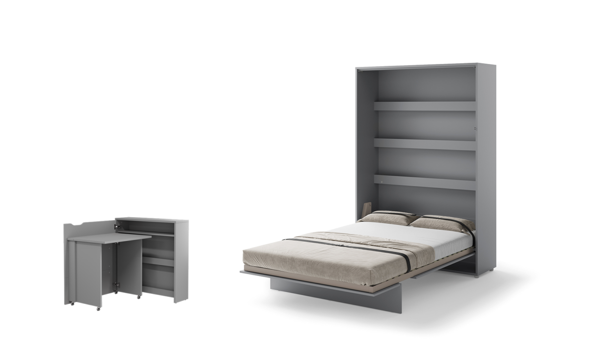 Lit escamotable 140x200 vertical 2 personnes SMART avec bureau EASY ouverture à gauche - ouvert - gris