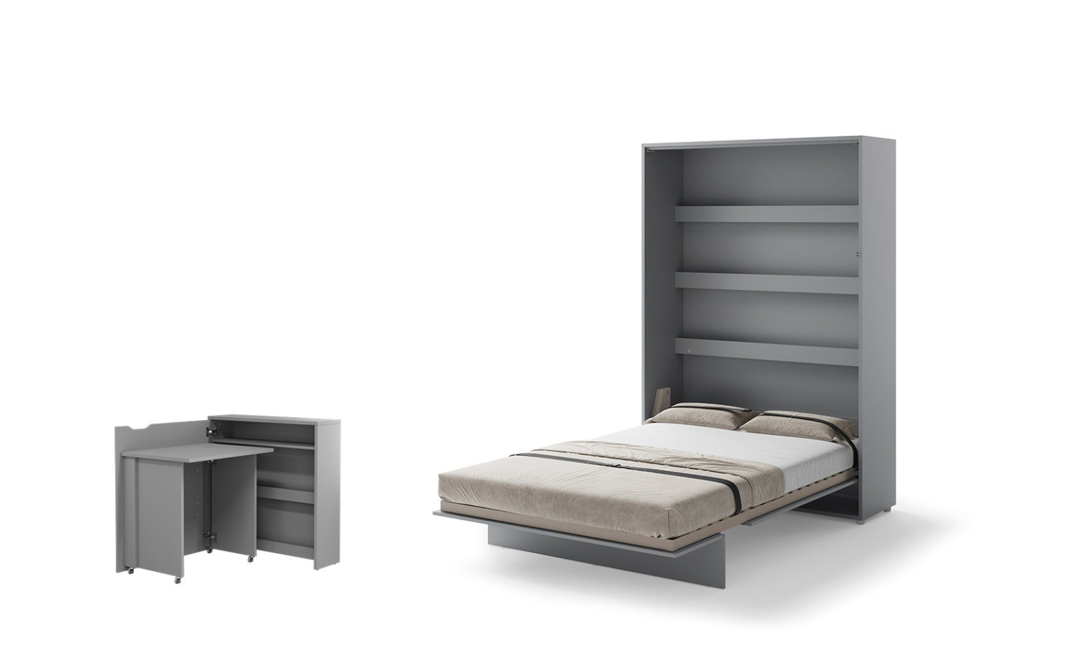 Lit escamotable 140x200 vertical 2 personnes SMART avec bureau EASY ouverture à gauche - ouvert - gris