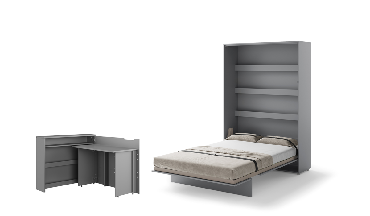 Lit escamotable 140x200 vertical 2 personnes SMART avec bureau ENJOY ouverture à droite - ouvert - gris