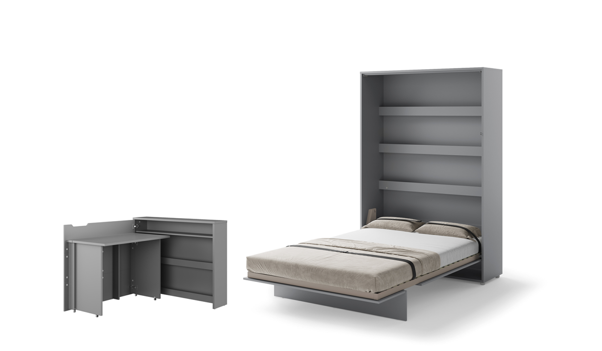 Lit escamotable 140x200 vertical 2 personnes SMART avec bureau ENJOY ouverture à gauche - ouvert - gris