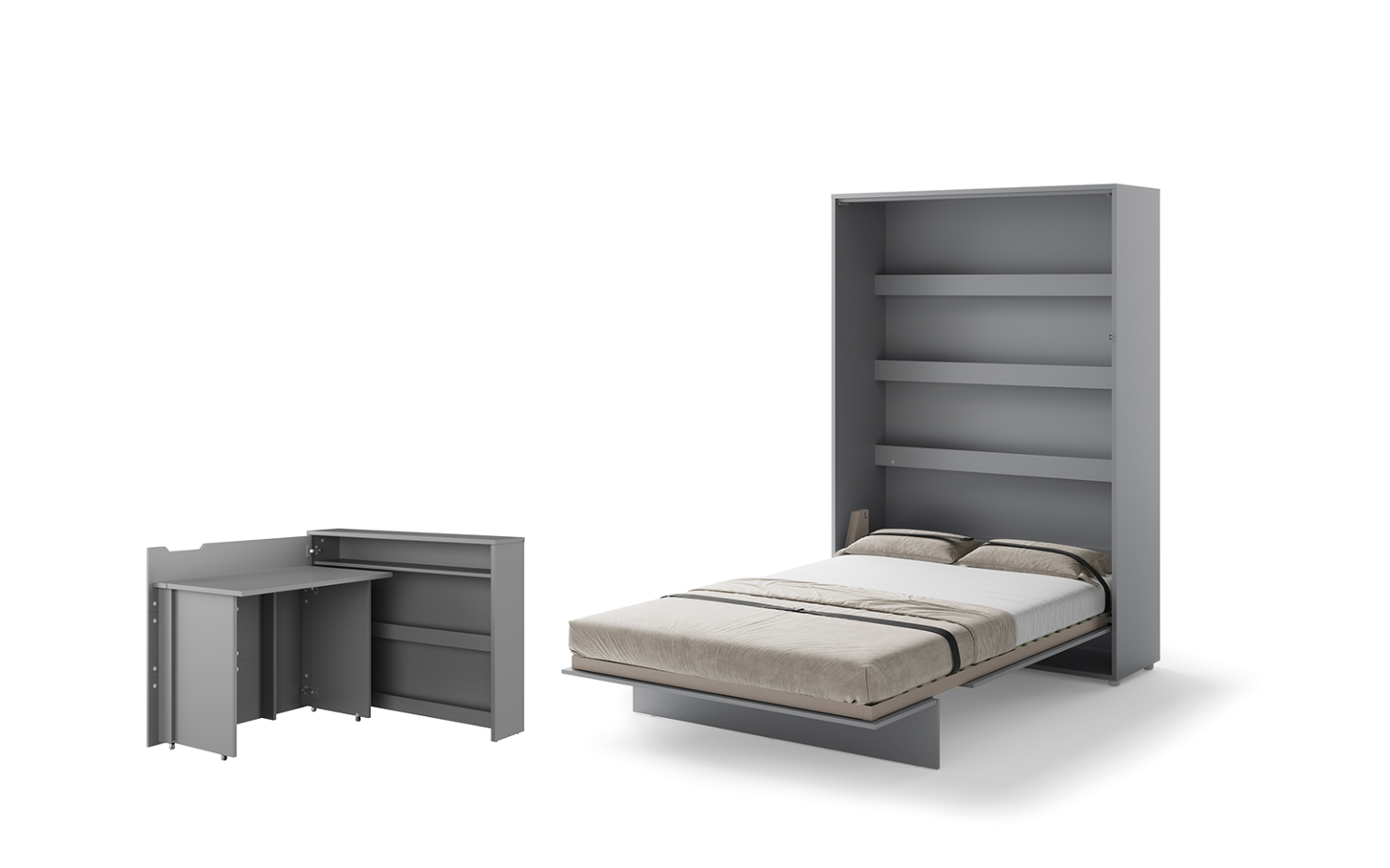 Lit escamotable 140x200 vertical 2 personnes SMART avec bureau ENJOY ouverture à gauche - ouvert - gris