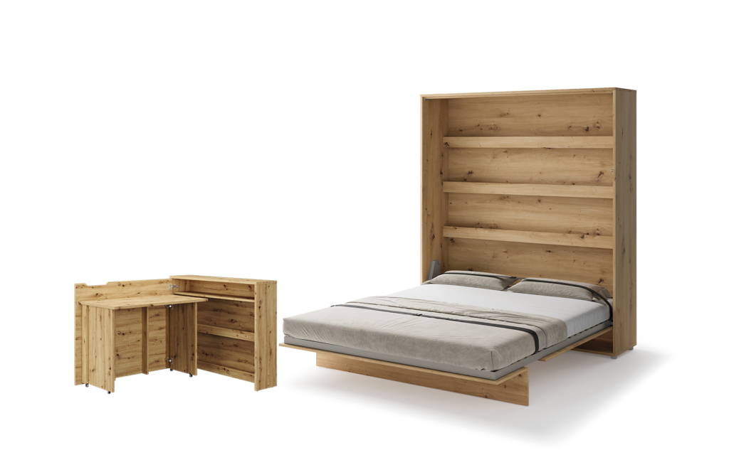 Lit escamotable 180x200 vertical 2 personnes SMART avec bureau ENJOY ouverture à gauche - ouvert - bois