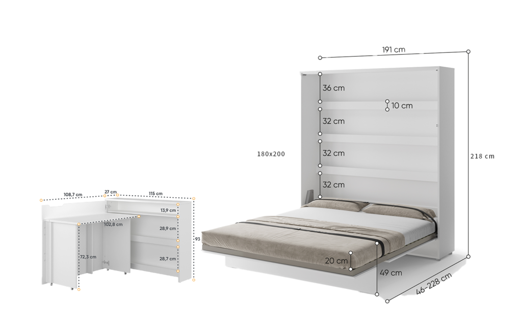 lit escamotable 2 personnes vertical SMART - bureau ENJOY - dimmensions