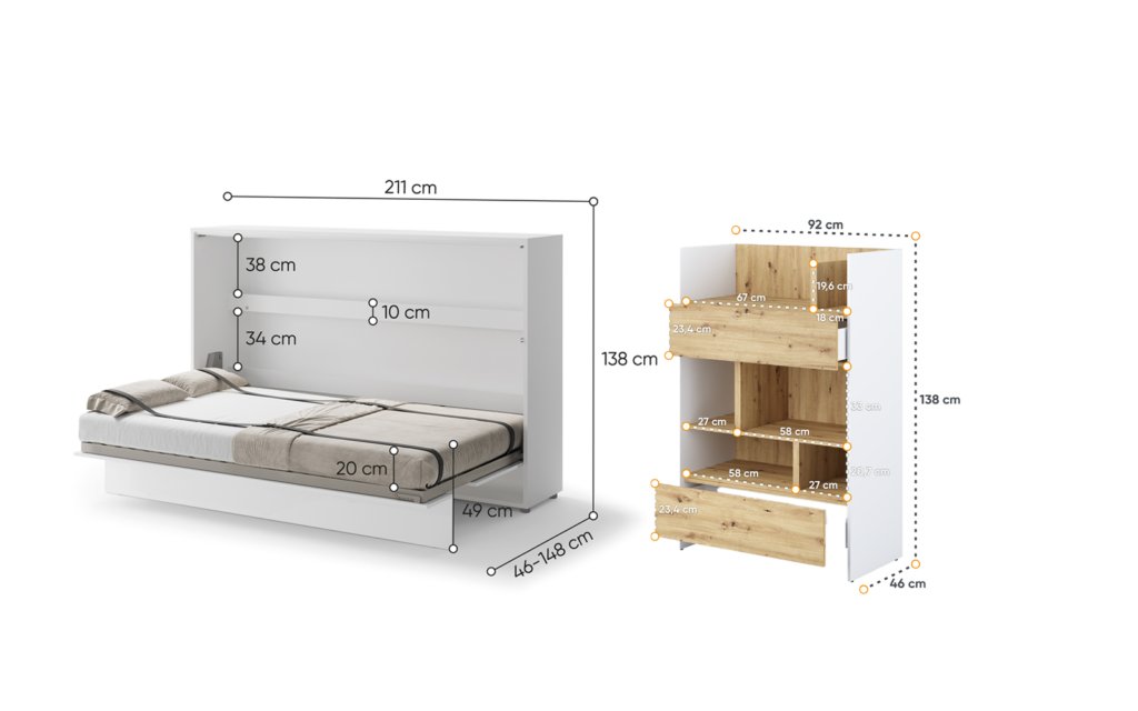 Lit escamotable horizontal et armoire - SMART - dimensions