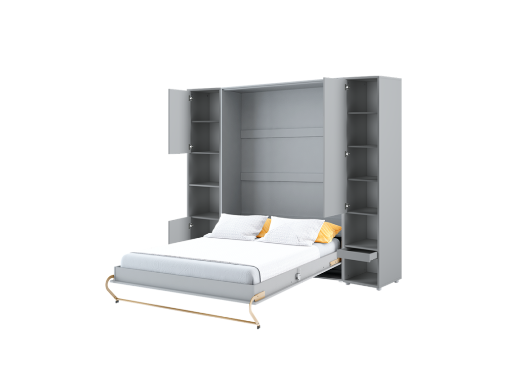 Lit placard 2 places vertical 140x200 avec armoires - ouvert gris