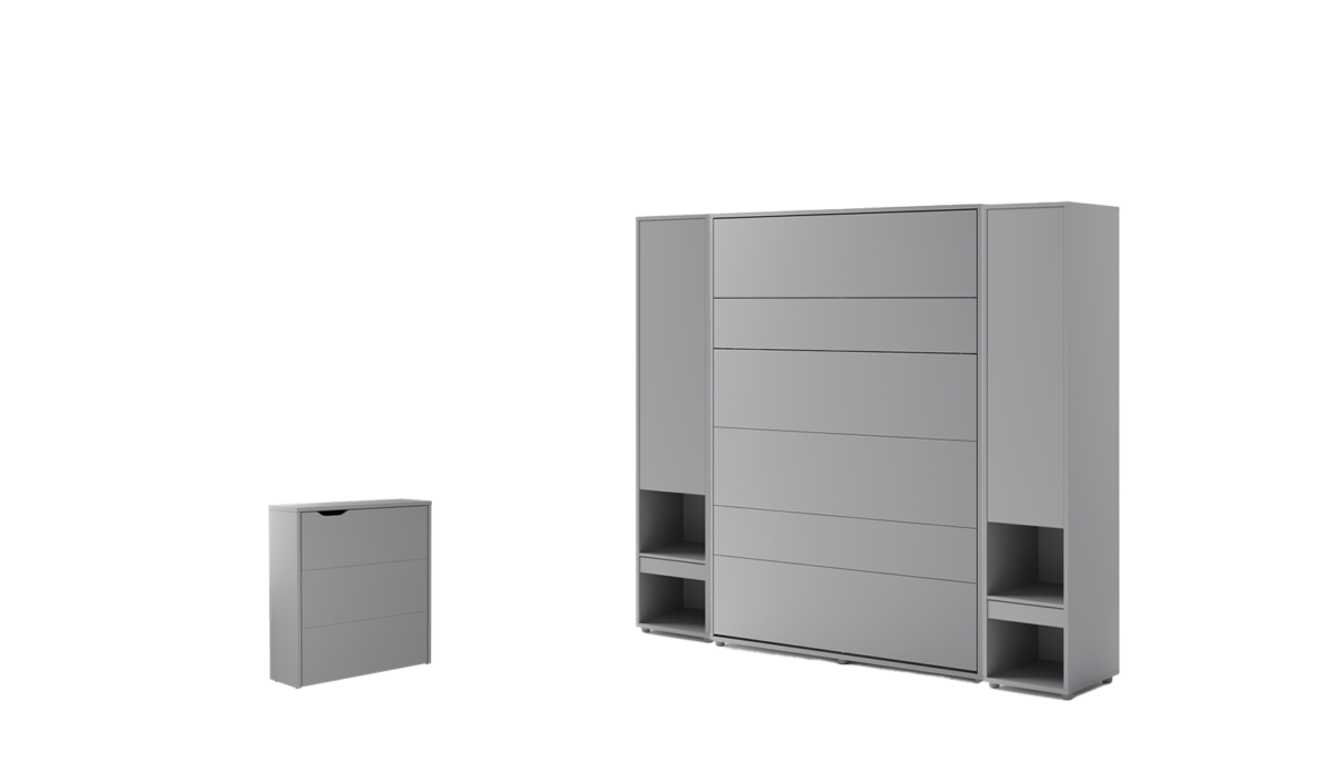 Lit escamotable 140x200 vertical 2 personnes SMART et bureau EASY - ouverture à droite et 2 armoires - fermé - gris