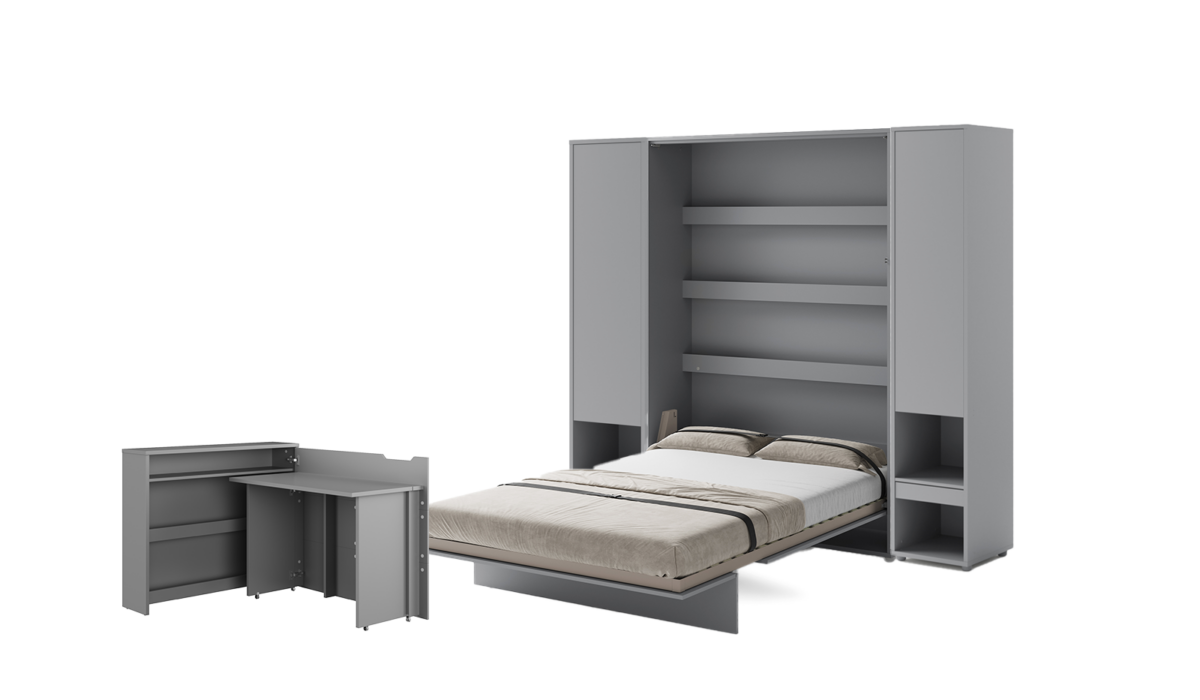 Lit escamotable 140x200 vertical 2 personnes SMART et bureau EASY - ouverture à droite et 2 armoires - ouvert - gris