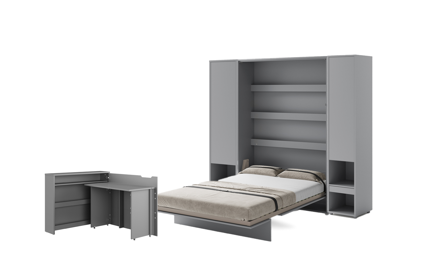 Lit escamotable 140x200 vertical 2 personnes SMART et bureau EASY - ouverture à droite et 2 armoires - ouvert - gris