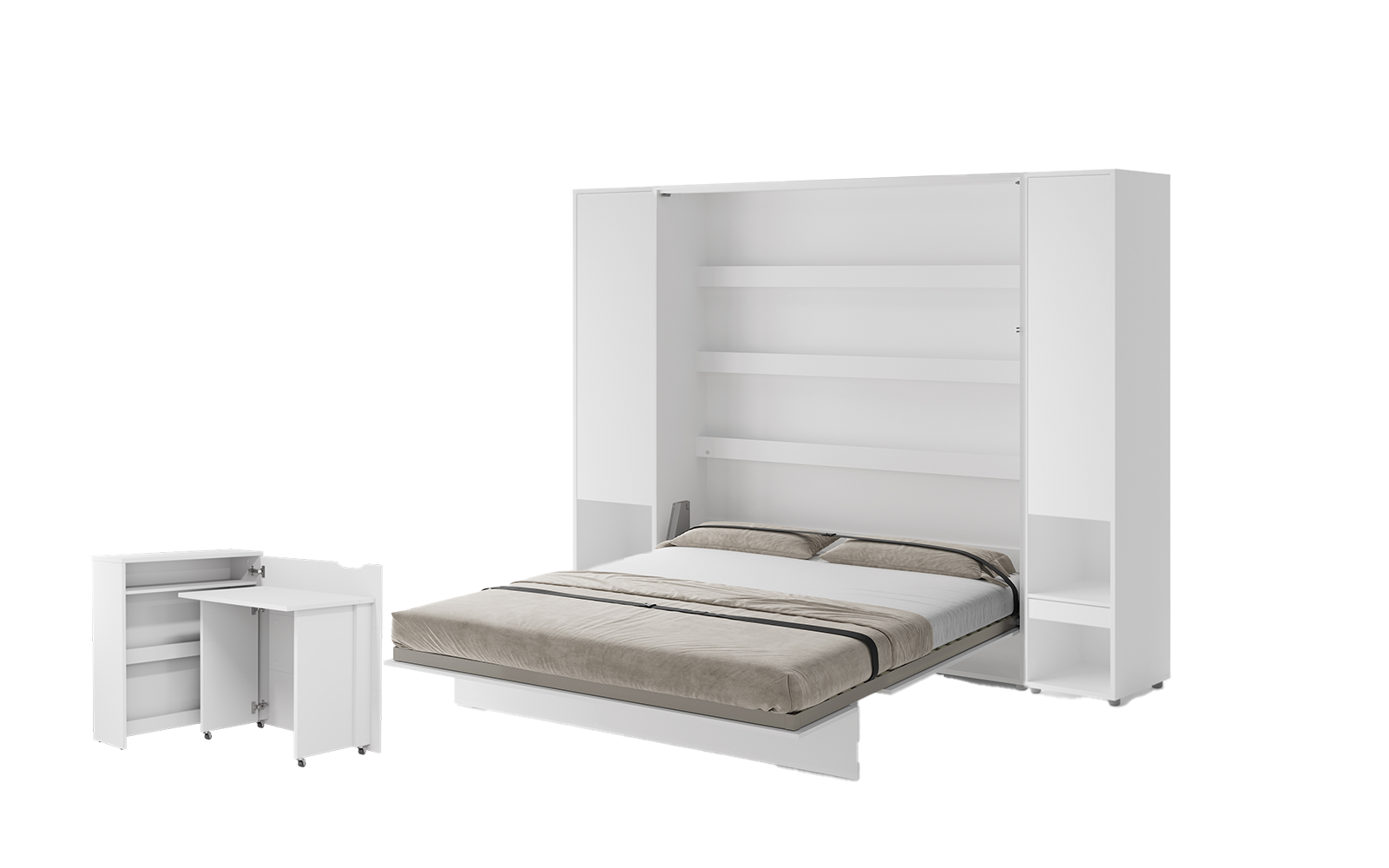 Lit escamotable 180x200 vertical 2 personnes SMART et bureau EASY - ouverture à droite et 2 armoires - ouvert - blanc