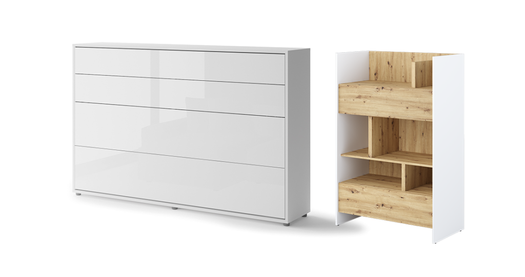 lit escamotable horizontal 120x200 SMART avec rangements assortis -blanc brillant fermé