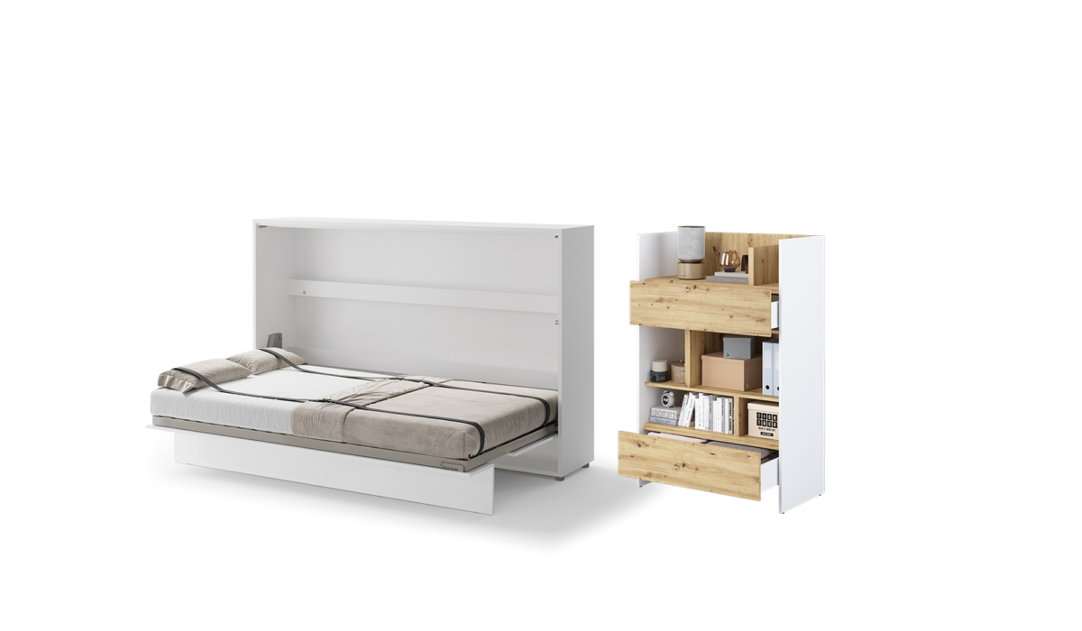 lit escamotable horizontal 120x200 SMART avec rangements assortis - blanc ouvert