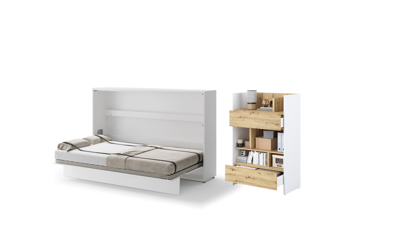 lit escamotable horizontal 120x200 SMART avec rangements assortis - blanc ouvert