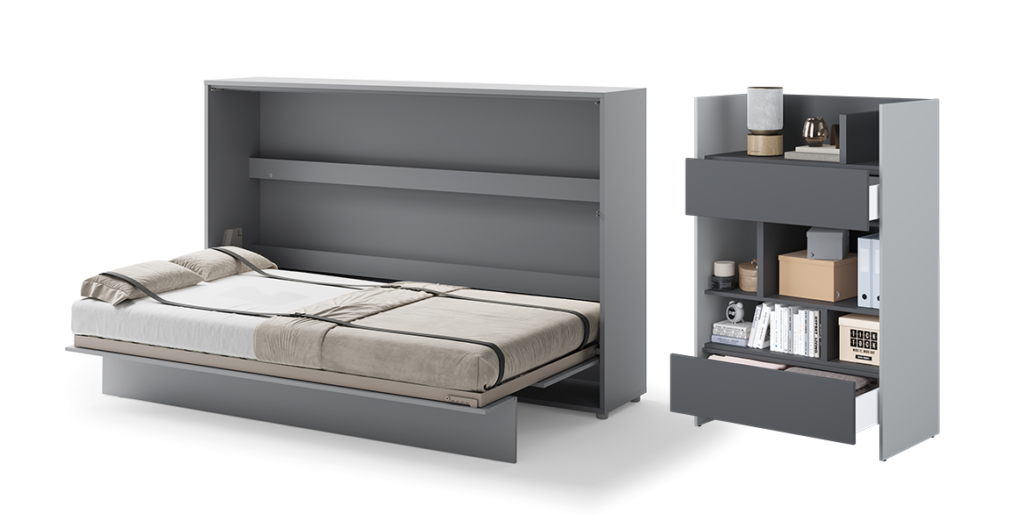 lit escamotable horizontal 120x200 SMART avec rangements assortis - gris ouvert