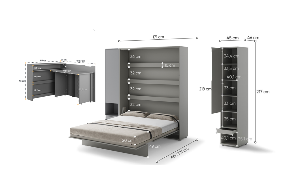 Lit escamotable SMART et bureau EASY ouverture à droite et armoires - dimensions