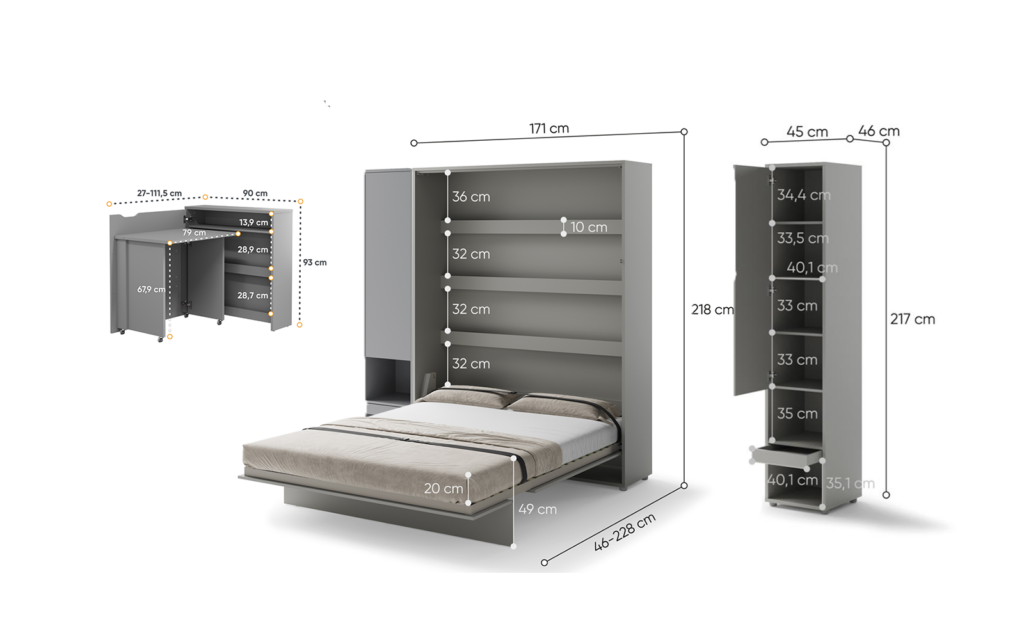 Lit escamotable SMART et bureau EASY ouverture à gauche et armoires - dimensions