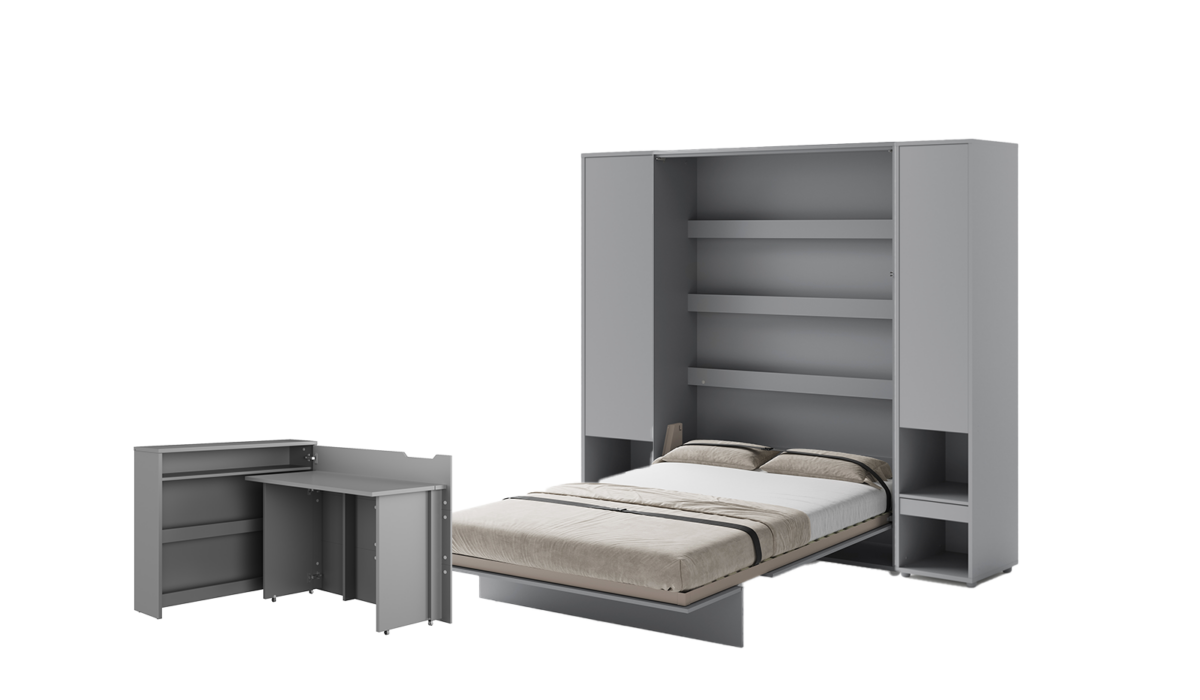 Lit escamotable 140x200 vertical 2 personnes SMART et bureau ENJOY et ouverture à droite et 2 armoires - ouvert - gris