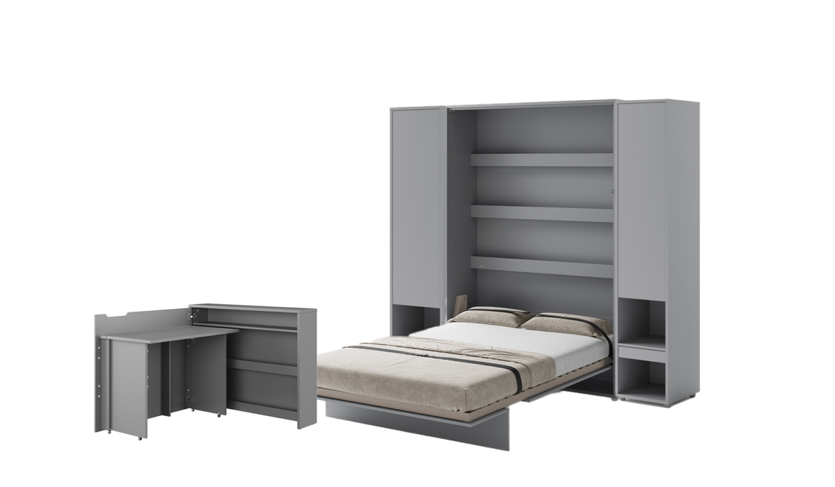 Lit escamotable 140x200 vertical 2 personnes SMART et bureau ENJOY et ouverture à gauche et 2 armoires - ouvert - gris