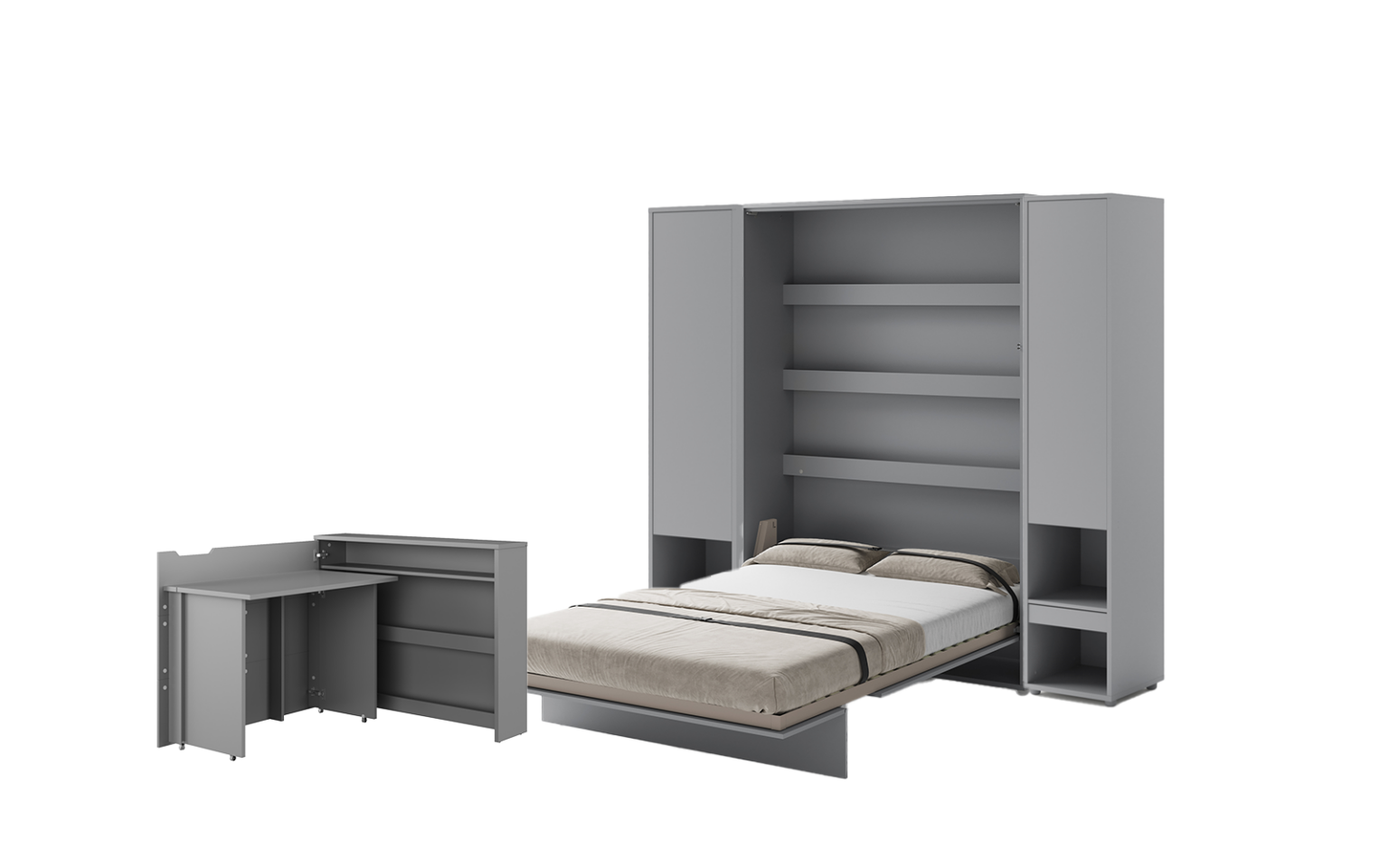 Lit escamotable 140x200 vertical 2 personnes SMART et bureau ENJOY et ouverture à gauche et 2 armoires - ouvert - gris