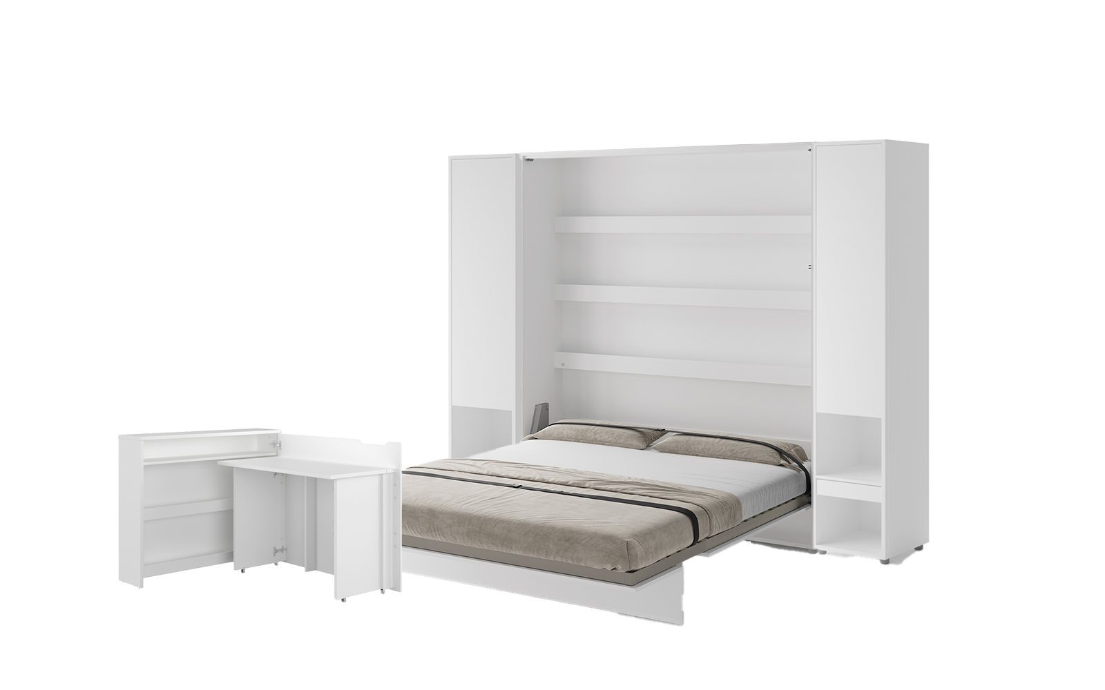 Lit escamotable 180x200 vertical 2 personnes SMART et bureau ENJOY et ouverture à droite et 2 armoires - ouvert - blanc