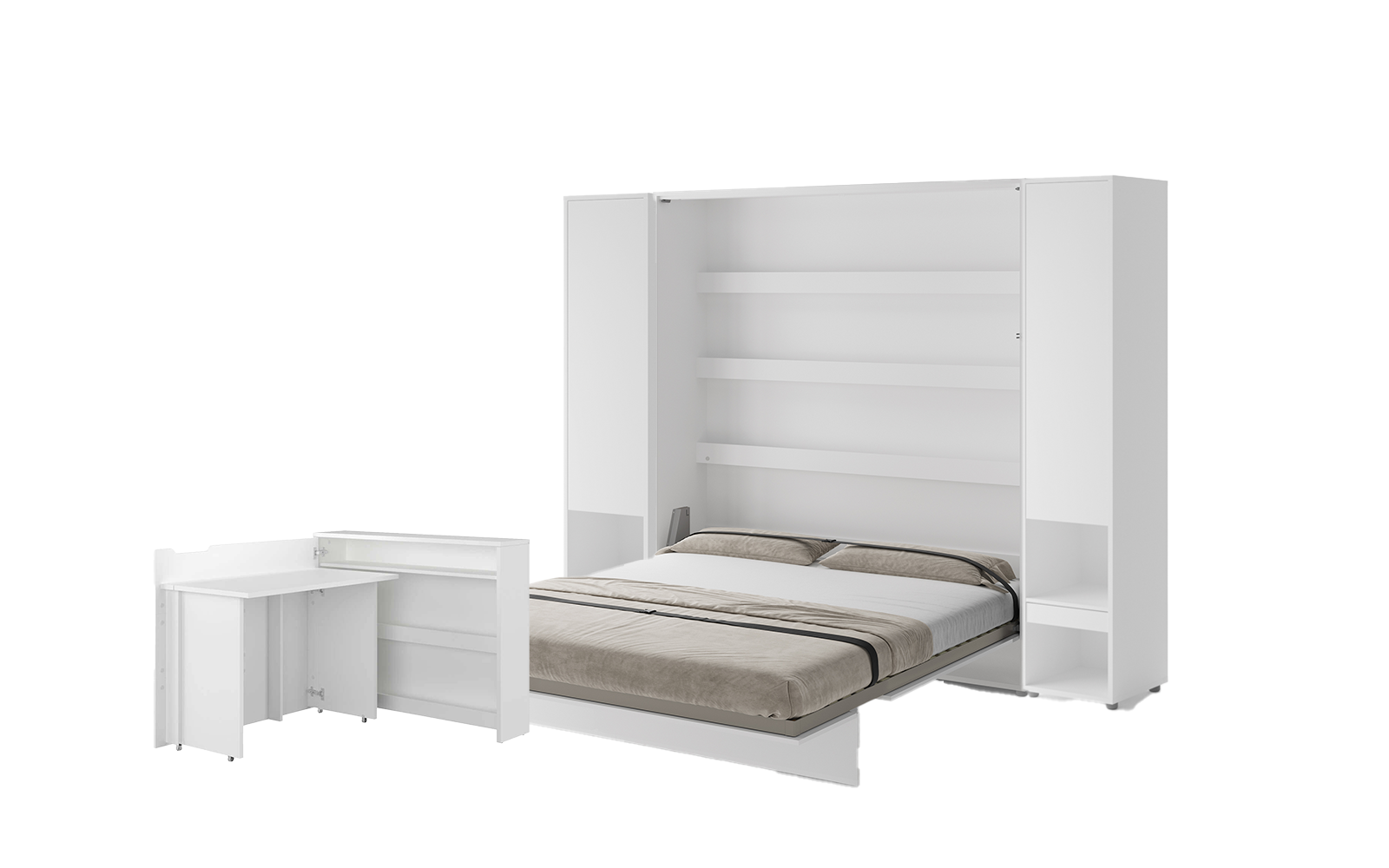 Lit escamotable 180x200 vertical 2 personnes SMART et bureau ENJOY et ouverture à gauche et 2 armoires - ouvert - blanc