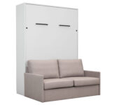 Lit mural escamotable avec canapé beige - blanc - 3/4 fermé