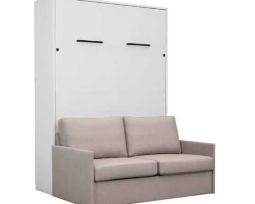 Lit mural escamotable avec canapé beige - blanc - 3/4 fermé