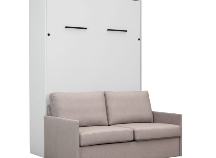 Lit mural escamotable avec canapé beige - blanc - 3/4 fermé
