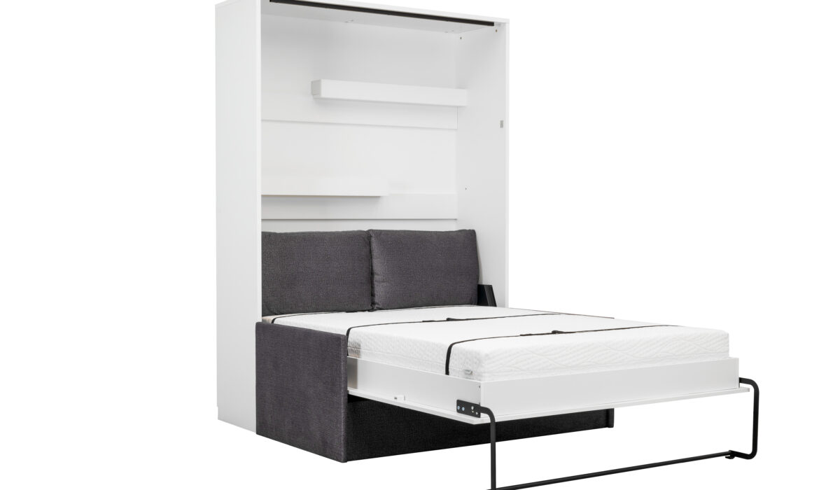 Lit rabattable avec canapé gris anthracite - blanc - 3/4 ouvert