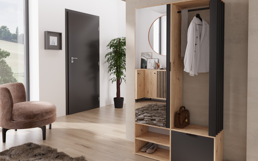 Meuble d'entrée vestiaire - noir et bois ambiance 2