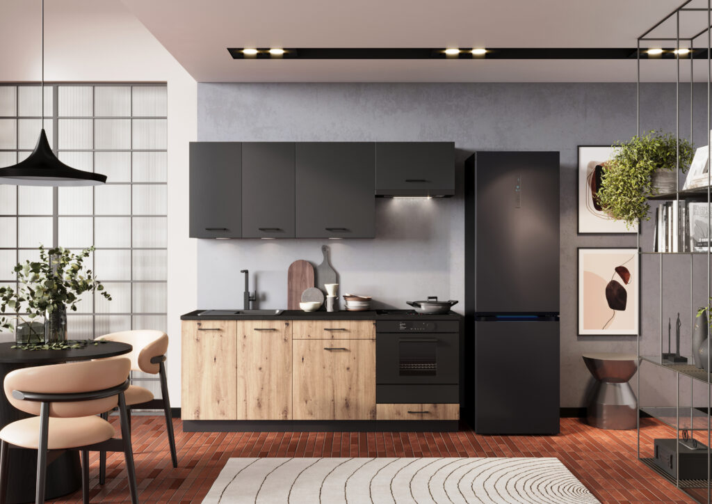 Cuisine moderne 200 cm ALLIA - bois/noir photo d'ambiance