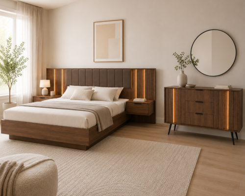 Chambre complete adulte avec lit est commode Kamazza