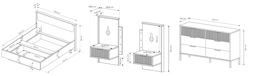 Lit coffre 160x200 cm avec chevets intégré et commode - AVA