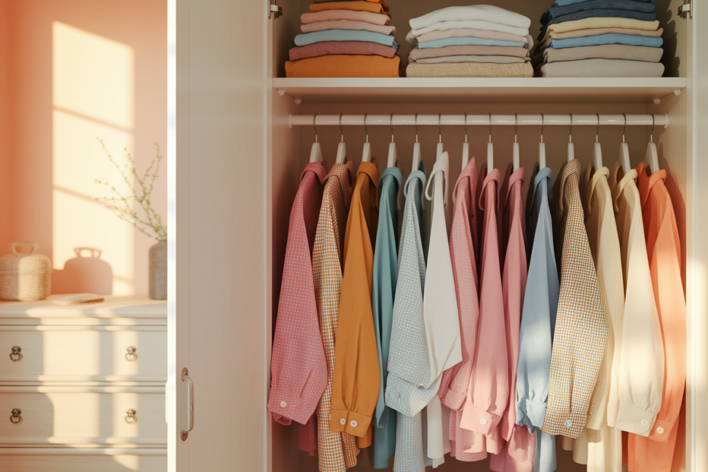 un meuble ouvert contenant des vêtements parfaitement organisés.