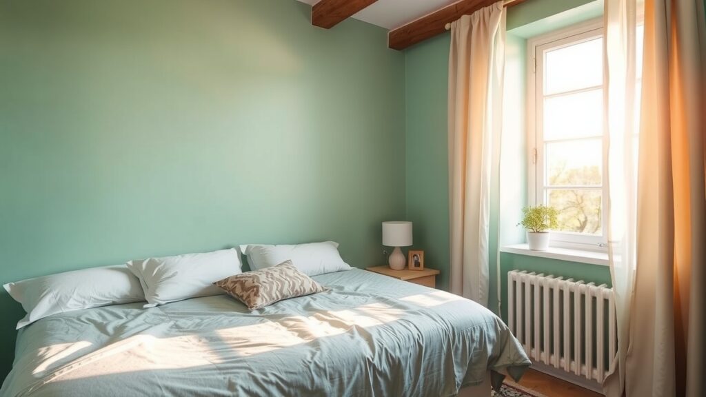 Un mur de chambre peint en couleur claire avec la lumière du soleil qui entre par la fenêtre.