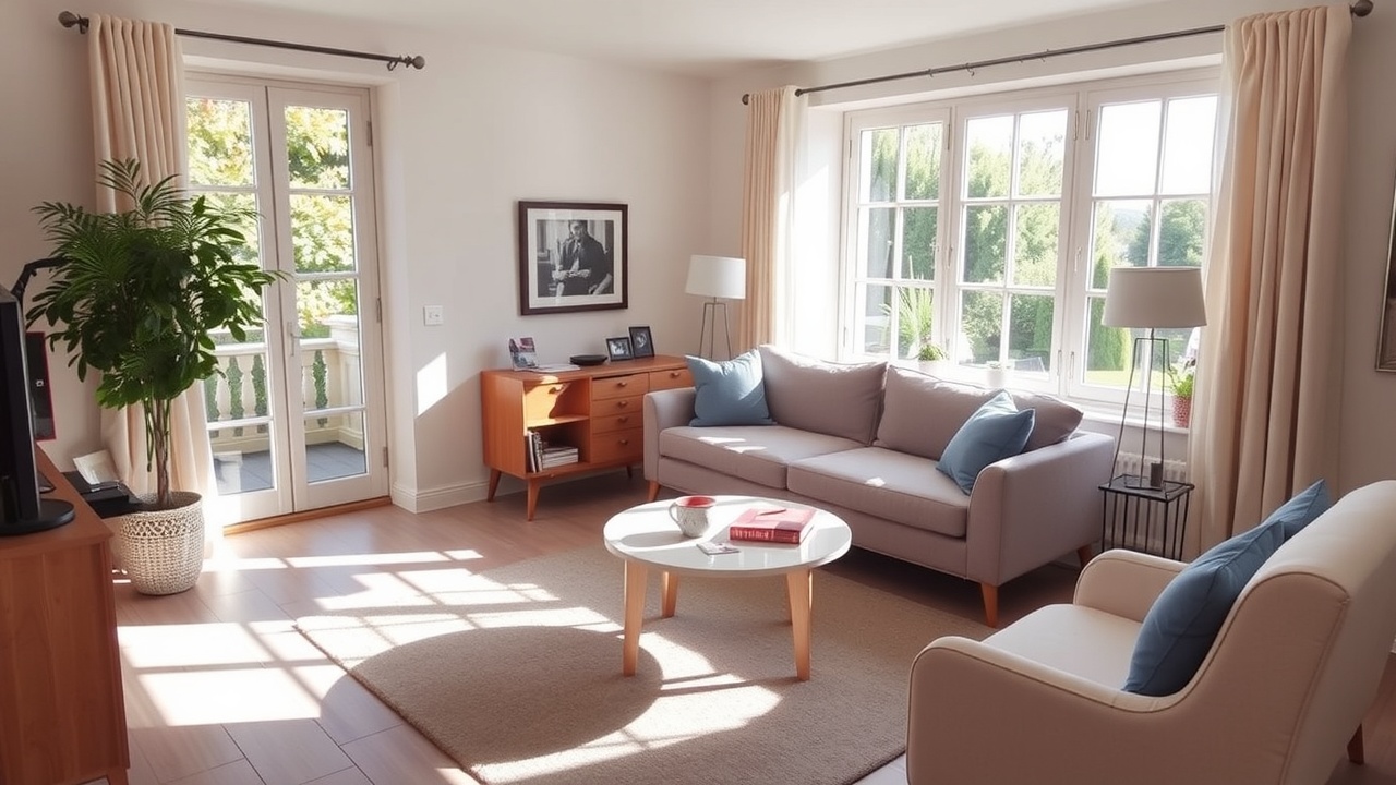 un salon lumineux avec un canapé d'angle, une table basse ronde et un coin bureau près de la fenêtre.