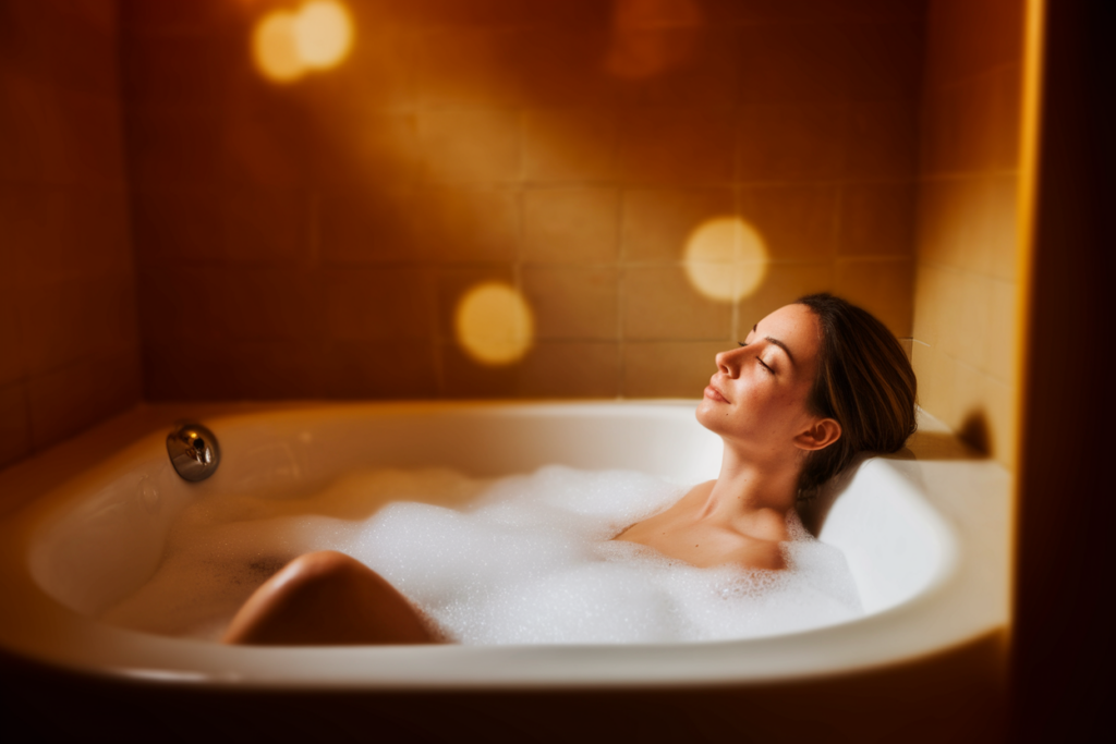 Une femme dans un bain plein de mousses en train de se détendre, dans une petite salle de bain cosy, bokeh