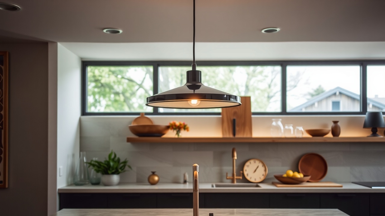 Une suspension luminaire design au-dessus d'un bar de cuisine