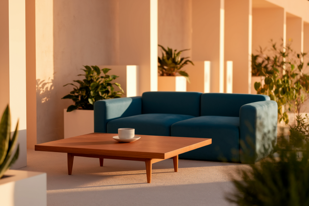 un appartement moderne bien rangé avec une table basse en bois, un canapé bleu et des plantes vertes, en fin de journée