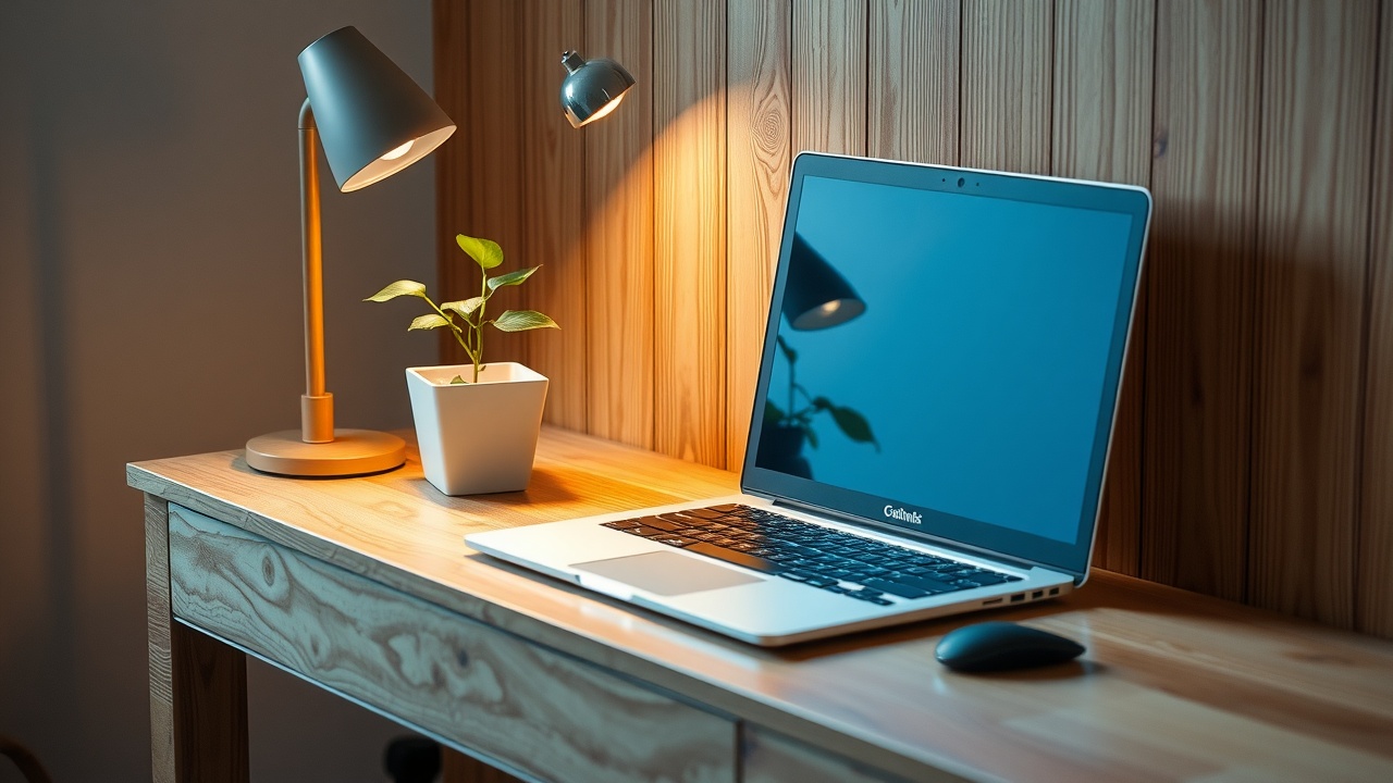 un bureau en bois clair avec une petite plante verte en pot à côté d'un ordinateur portable